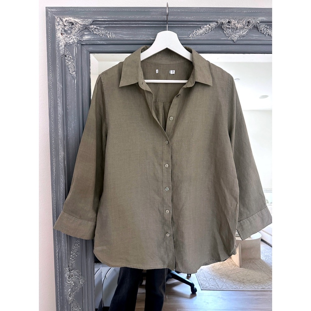 Chico's 100% Linen Button Down Shirt Olive Green Lagenlook Coastal Boho Chic 6